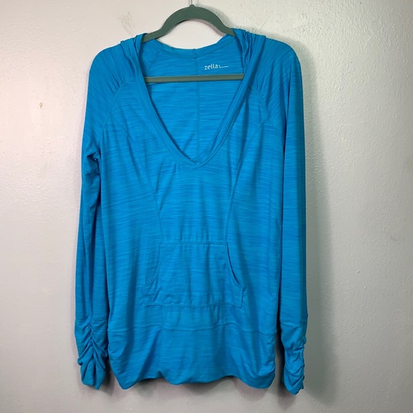 Zella Activewear Blue Scoop Neck Long Sleeve Kangaroo Pocket Hoodie Large - Picture 1 of 8